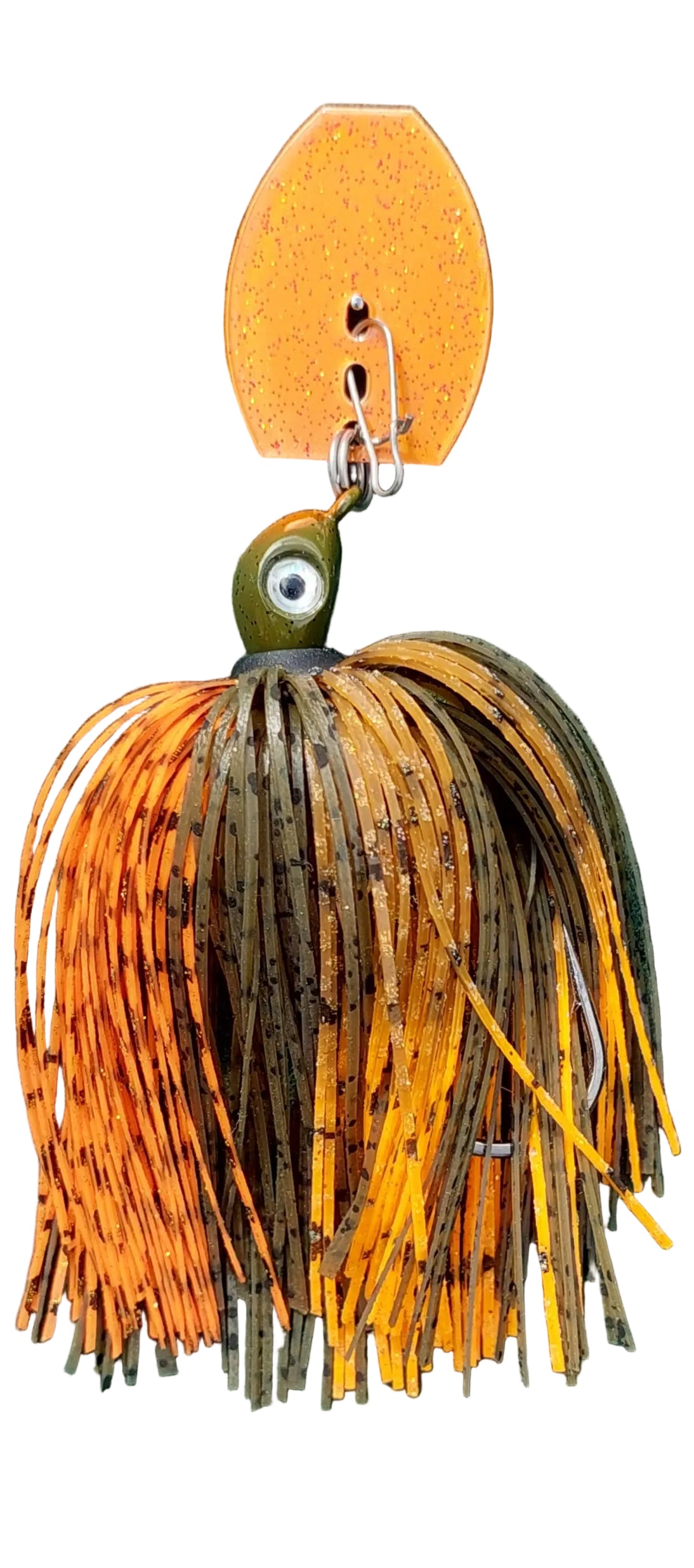 2 Shades of orange with Green Pumpkin accents and an orange dancer blade.  Green Pumpkin with orange accent jig head.  3/8 oz.